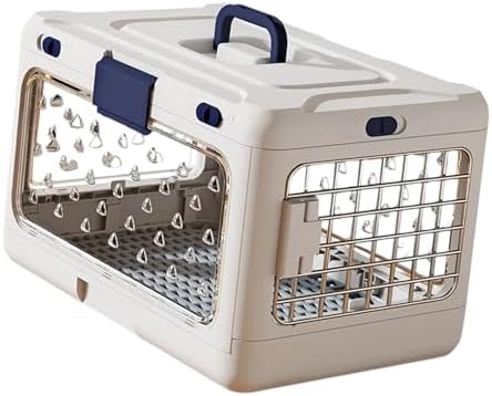 White transparent pet kennel house placed in a car seat for safe travel preparation.