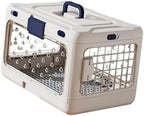 White transparent pet kennel house placed in a car seat for safe travel preparation.