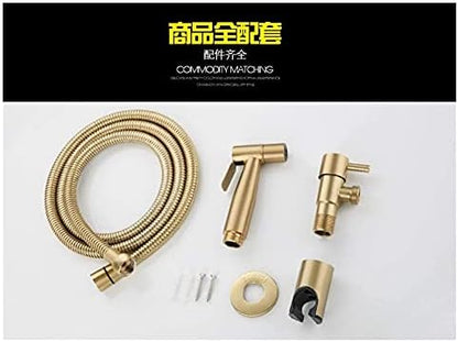Close up of gold angle valve and sprayer mounting bracket
