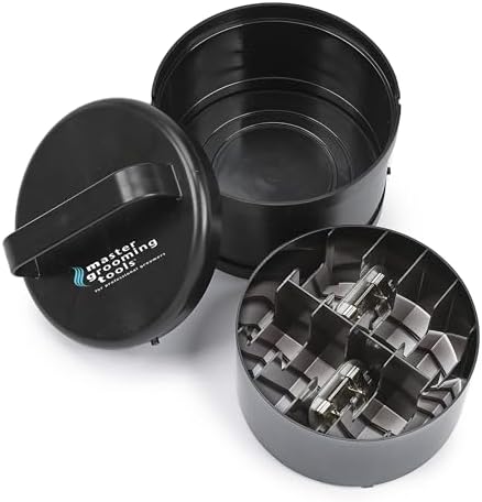 Master Grooming Tools heavy-duty plastic caddy viewed from an angle highlighting the stackable interlocking lid design.