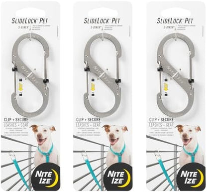 Nite Ize SlideLock Pet S-Biner locking mechanism close up showing independent sliding levers.