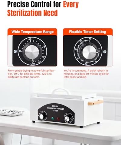 Close up of timer and temperature knobs on Bazargame sterilizer