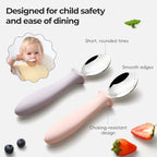 Six pieces baby utensils showing the anti choke design and stainless steel spoon bowl