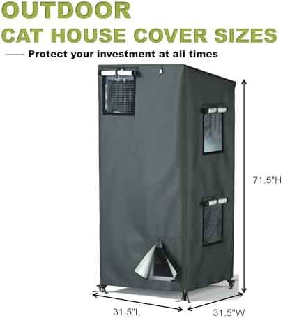 Grey 600D Oxford cloth outdoor cat condo protector with roll up front access door.