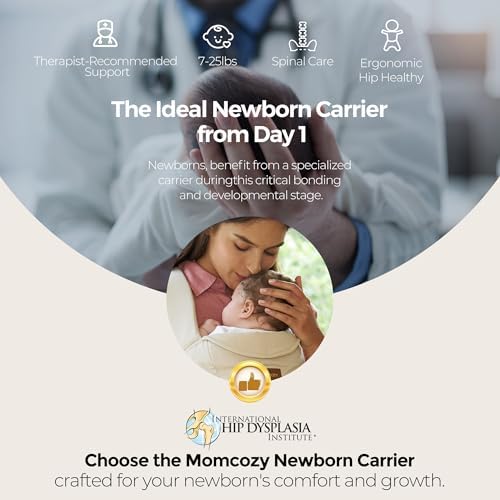 Momcozy WeeSnug carrier showing cross-back ergonomic straps