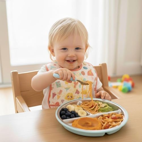 PandaEar toddler stainless steel plate with blue and green suction base