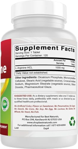 Best Naturals L-Arginine nutritional information packaging angle
