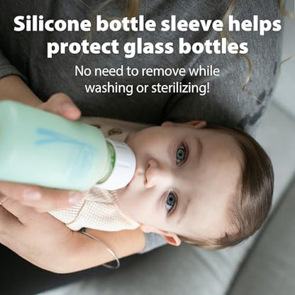 Close up of Dr. Brown's silicone bottle sleeve showing the transparent measurement window