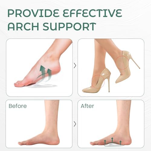 Adhesive gel shoe inserts being placed inside a heel for plantar fasciitis comfort.