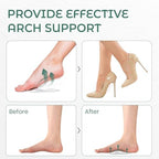 Adhesive gel shoe inserts being placed inside a heel for plantar fasciitis comfort.