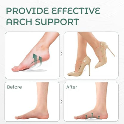 Adhesive gel shoe inserts being placed inside a heel for plantar fasciitis comfort.