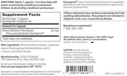 Klaire Labs Pycnogenol 50 Milligram side profile showing allergen free labels and symbols