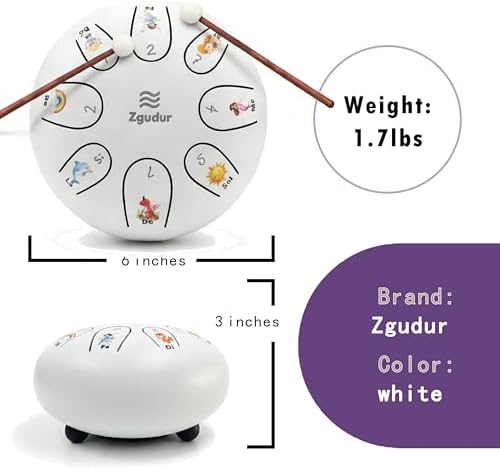 Close up of the color coded notes on the Zgudur childrens handpan drum.