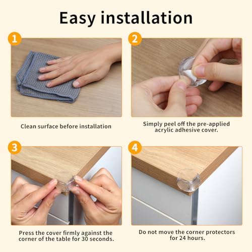 Application of corner guard on sharp cabinet edge for child safety
