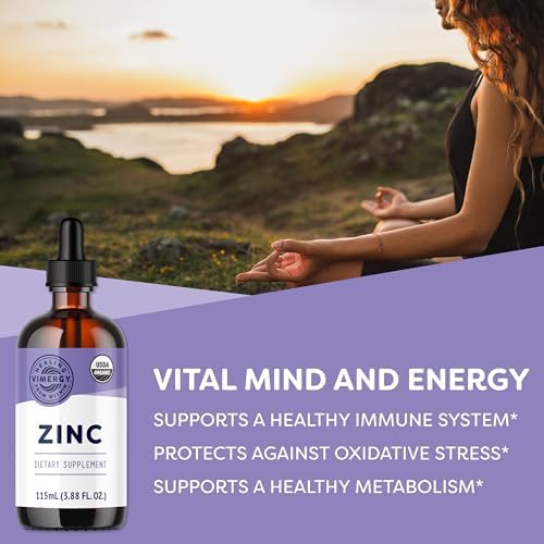 Vimergy alcohol free liquid zinc sulfate supplement bottle showcasing the organic ingredients list and serving size.