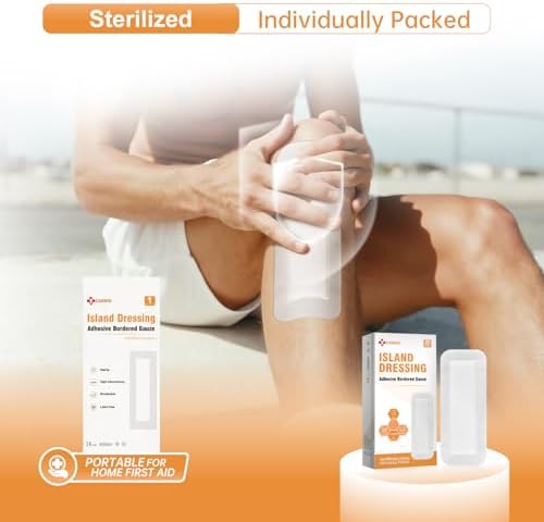 Individually wrapped sterile adhesive gauze pads for post-operative incisions.