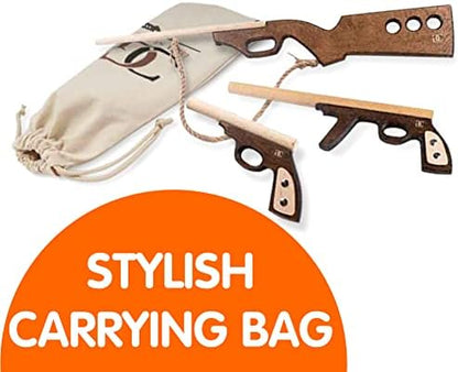 Full contents of the CG Home three pack handmade wooden play set including all three toys and the storage pouch.