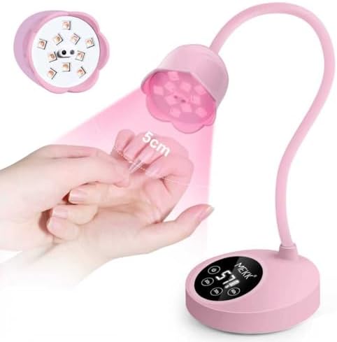 MEKK Gooseneck UV Nail Lamp front view showing pink bellflower head and digital screen for gel manicures.