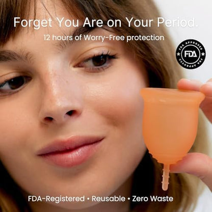 Lena Sensitive Large menstrual cup with storage pouch and packaging
