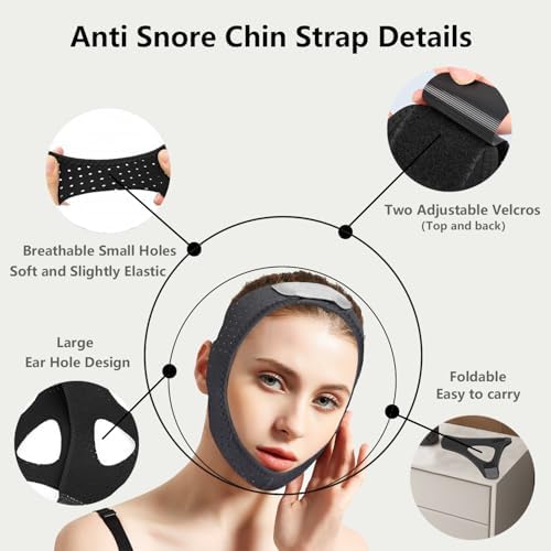 Adjustable CPAP compatible chin strap for preventing mouth leaks.
