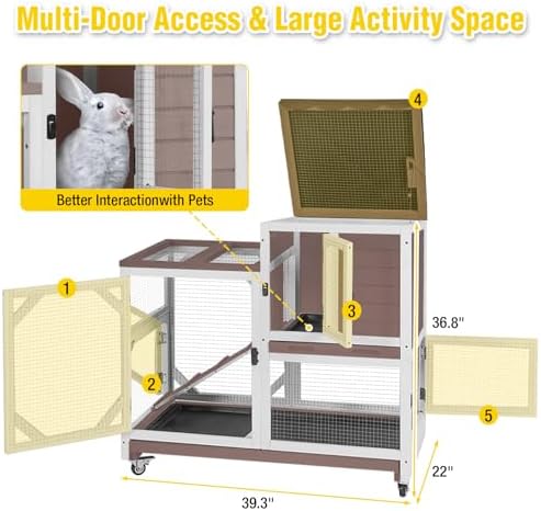Aivituvin 39.3" Large 2-Story Rabbit Hutch, Indoor Outdoor Bunny Cage with Chew-Proof Ramp, Leak-Proof & Easy-to-Clean Tray, Lockable Wheels, for Rabbits & Guinea Pigs - Image 6