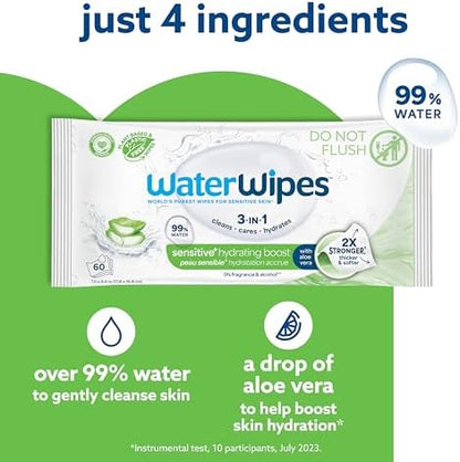 Close up view of the hypoallergenic plant based WaterWipes packaging highlighting the 99 percent water formula