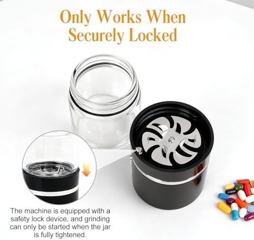 Electric medication crusher alongside the included daily travel pill organizer container