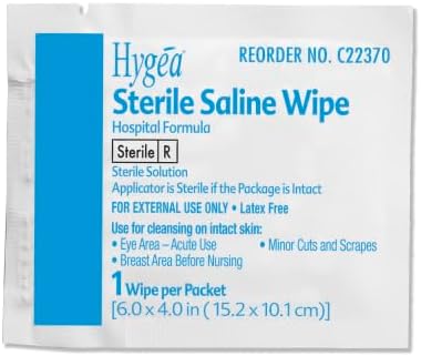 Individual sterile saline towelette packet 6x4 inch for sensitive skin cleansing.