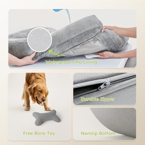 CWAWZ Extra Large Dog Bed, Orthopedic Dog Bed with Cooling Gel Memory Foam, Waterproof XL Pet Bed with Removable Washable Cover, 42" Pet Sofa Couch Dutch Velvet with Bone Toy, Light Gray - Image 7