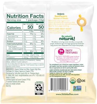 Close up view of the dissolvable organic puffed corn ring shapes designed for infant self feeding.
