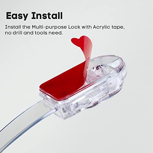Multi use baby safety latch attached to a refrigerator door corner angle.