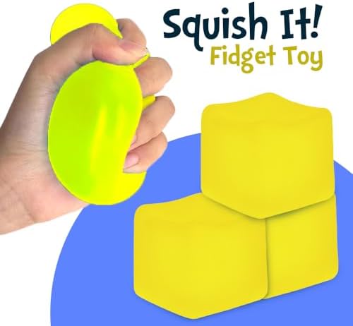 Yellow SUPERZON sensory squish cube being compressed to demonstrate texture.