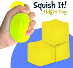Yellow SUPERZON sensory squish cube being compressed to demonstrate texture.