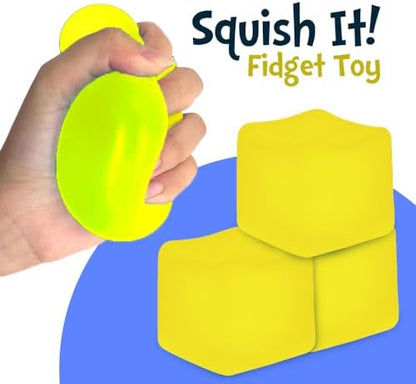 Yellow SUPERZON sensory squish cube being compressed to demonstrate texture.