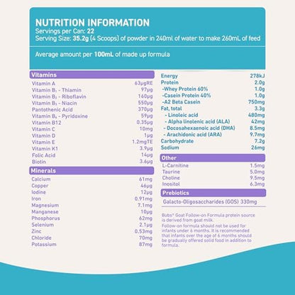 Bubs Stage Two baby formula powder close up with measuring scoop
