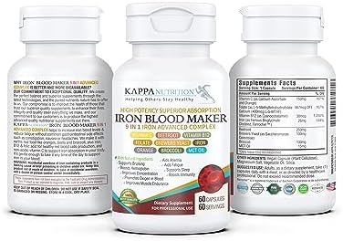 Side angle of the Kappa Nutrition Iron Blood Maker dietary supplement packaging displaying the 26mg iron content.