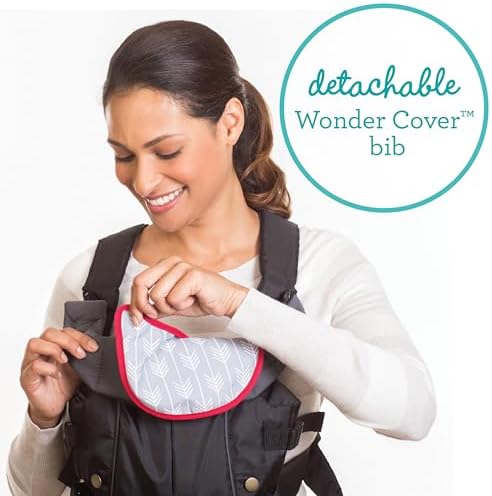 Close up of the adjustable back straps and secure front buckle system on the Infantino black carrier.