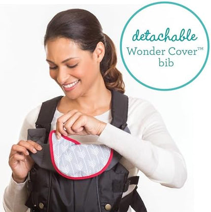 Close up of the adjustable back straps and secure front buckle system on the Infantino black carrier.