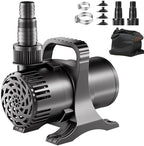 OYO Water high flow submersible pump highlighting the anti-clog vortex intake cover and dual spout adapters.