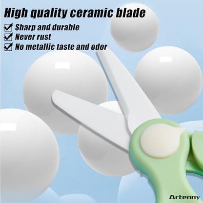 Artenny premium ceramic kid food cutter showing the safety lock feature on the ergonomic handle.