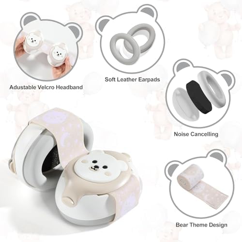 Side profile of baby wearing noise cancelling earmuffs