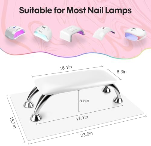 White nail arm rest with nail dryer placed underneath for workspace efficiency.