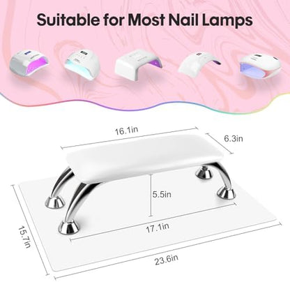 White nail arm rest with nail dryer placed underneath for workspace efficiency.