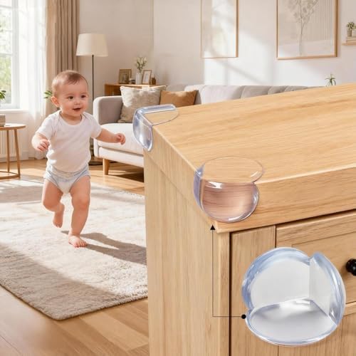 Close up view of transparent baby corner guard on wooden table