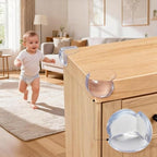 Close up view of transparent baby corner guard on wooden table