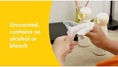 Medela quick clean unscented wipe cleaning a silicone breast shield component