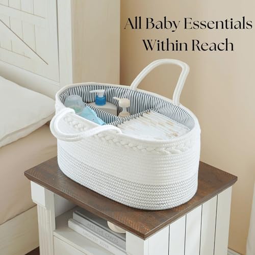 Off white woven rope baby basket on changing table