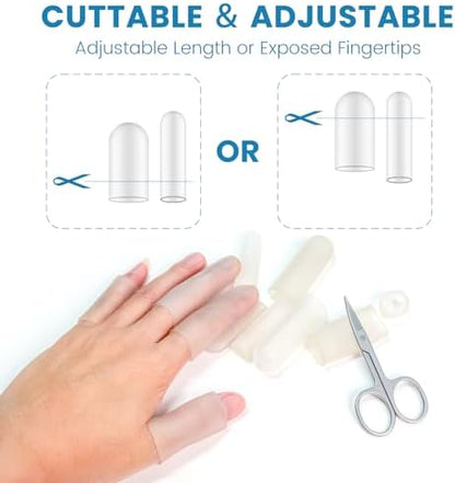 Silicone finger cots applied to index and thumb for arthritis and joint support.