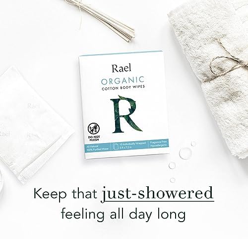 Two boxes of Rael organic cotton cleansing cloths for travel hygiene