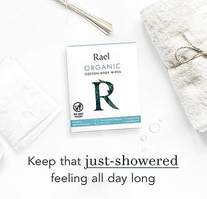Two boxes of Rael organic cotton cleansing cloths for travel hygiene